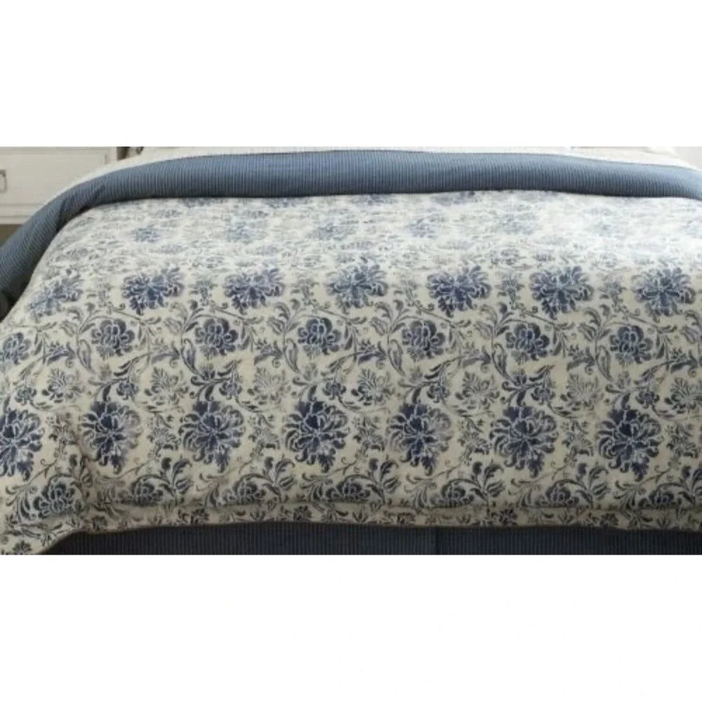 Ralph Lauren Bluff Point Queen Duvet Cover Floral White Blue Stripe Rope Trim‎